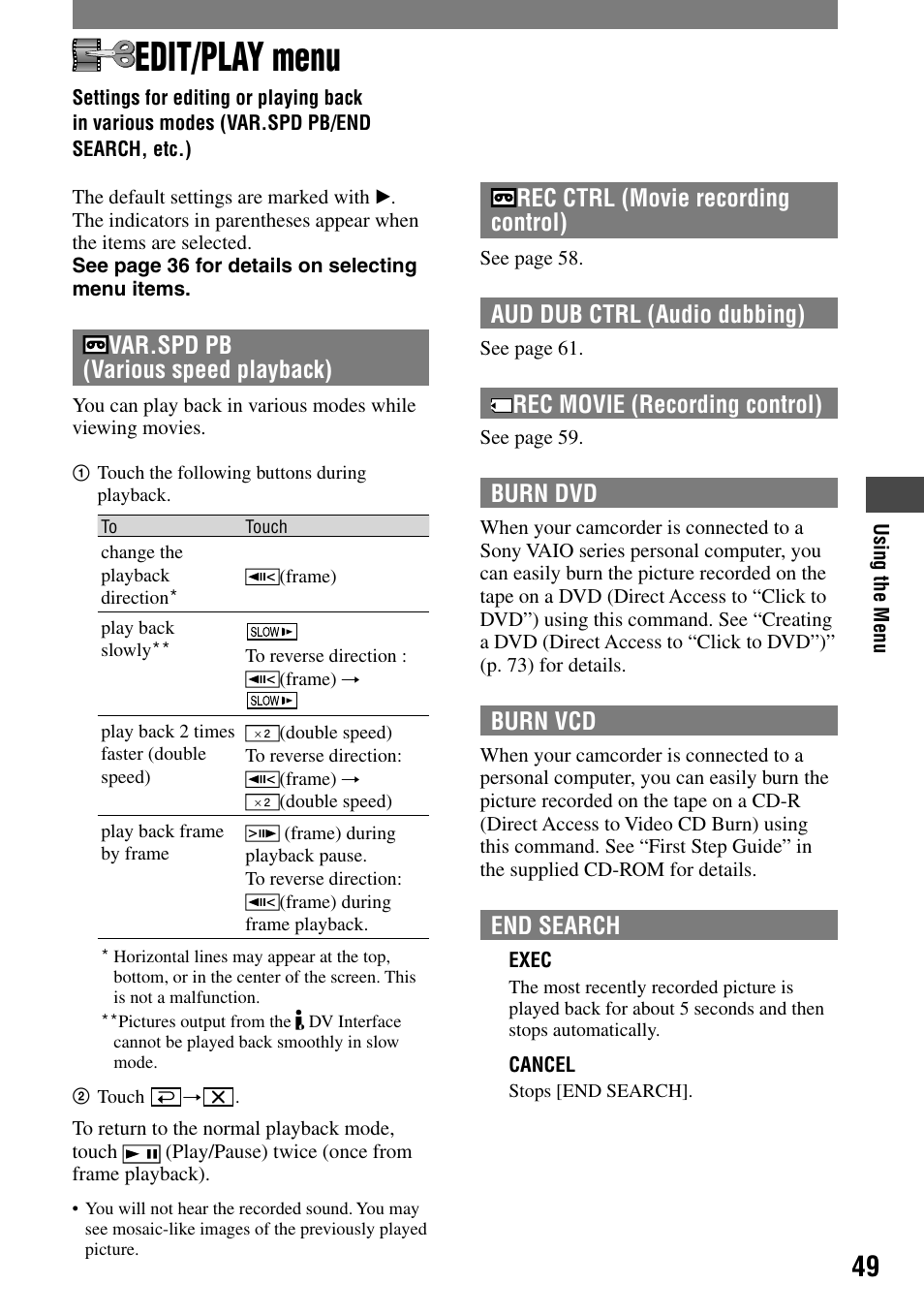 Edit/play menu, Var.spd pb (various speed playback), Rec ctrl (movie recording control) | Aud dub ctrl (audio dubbing), Rec movie (recording control), Burn dvd, Burn vcd, End search | Sony DCR-PC55 User Manual | Page 49 / 115