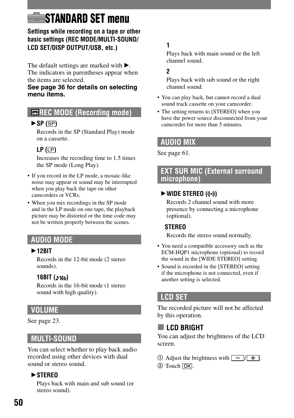 Standard set menu | Sony DCR-PC55 User Manual | Page 50 / 115