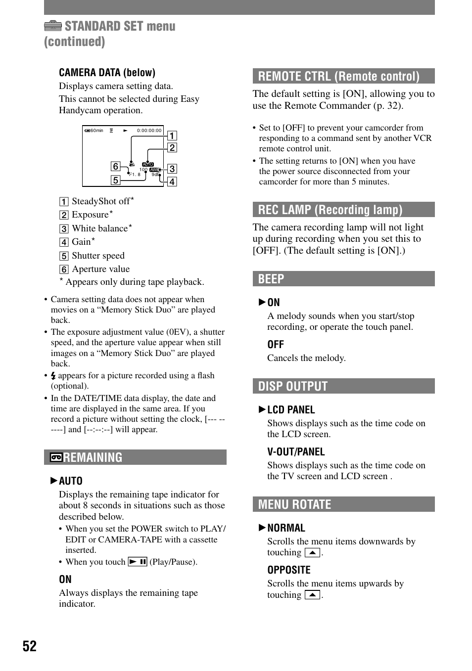 Standard set menu (continued), Remaining, Remote ctrl (remote control) | Rec lamp (recording lamp), Beep, Disp output, Menu rotate | Sony DCR-PC55 User Manual | Page 52 / 115