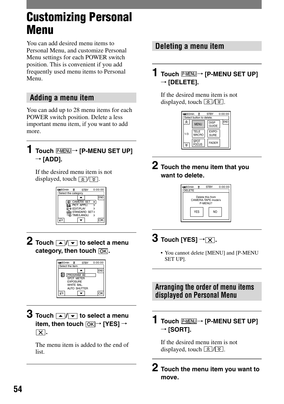 Customizing personal menu, Adding a menu item, Deleting a menu item | Sony DCR-PC55 User Manual | Page 54 / 115