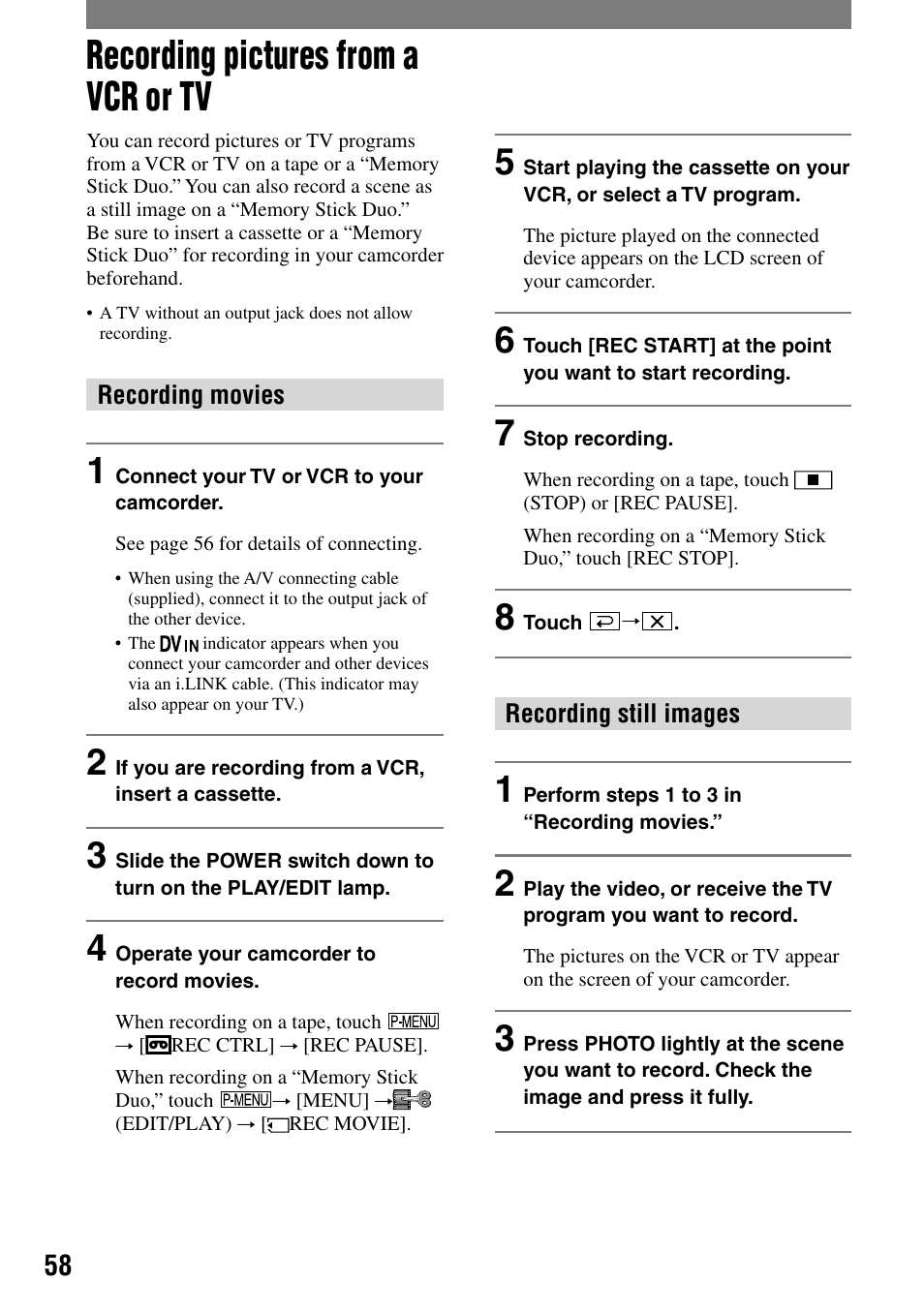 Recording pictures from a vcr or tv | Sony DCR-PC55 User Manual | Page 58 / 115