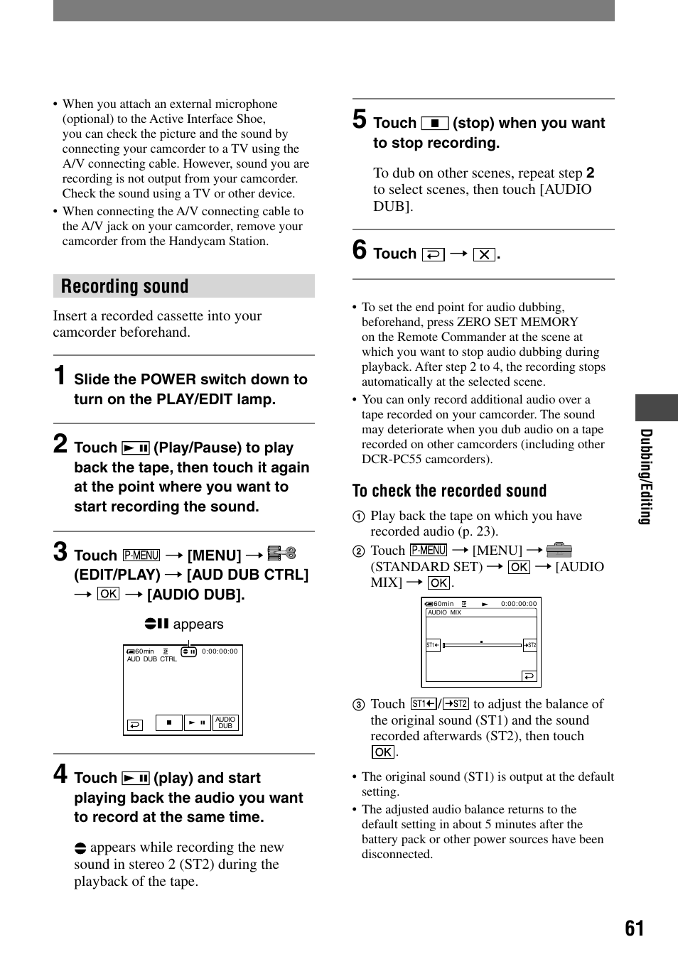 Recording sound | Sony DCR-PC55 User Manual | Page 61 / 115