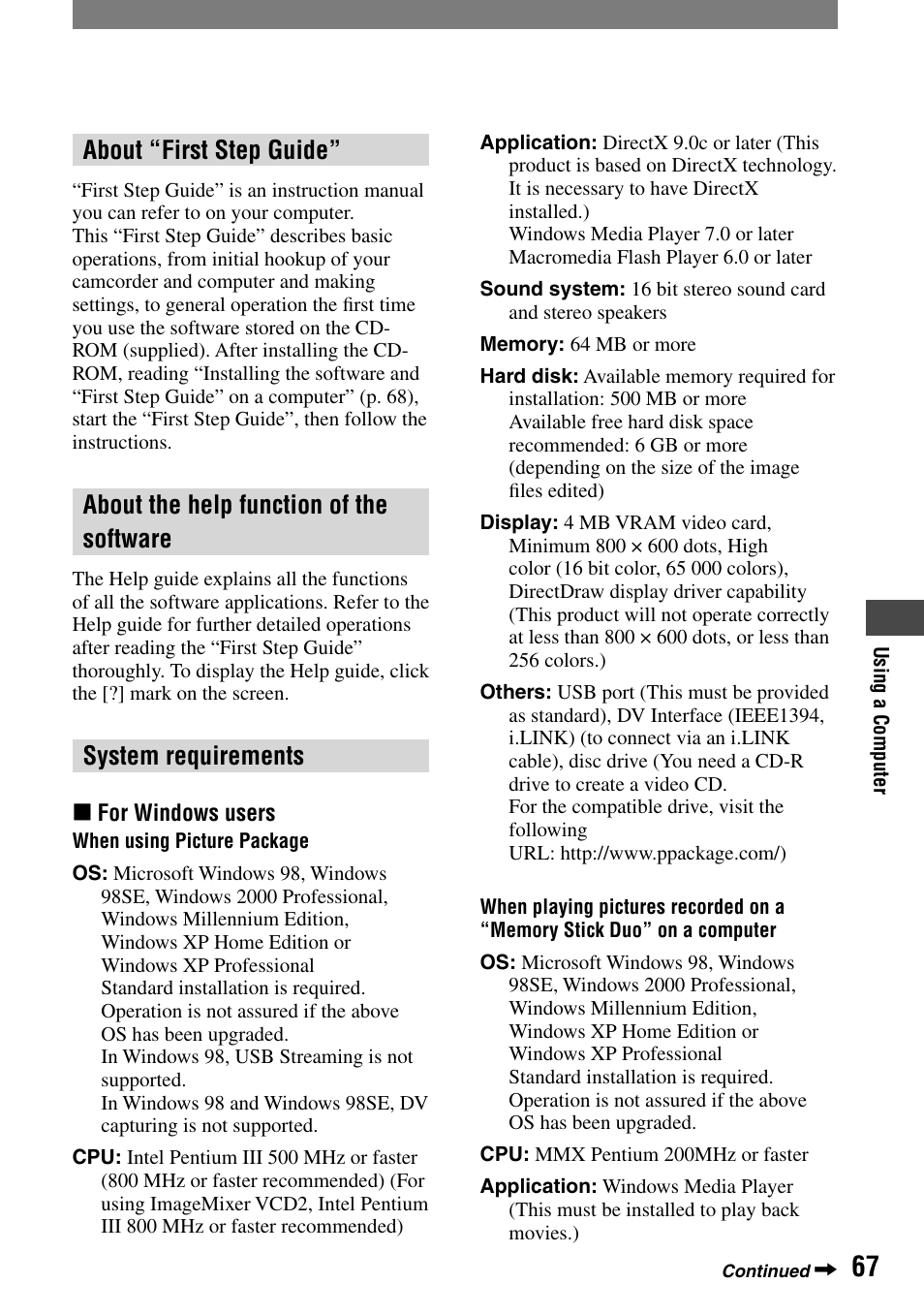 About “first step guide, About the help function of the software, System requirements | Sony DCR-PC55 User Manual | Page 67 / 115