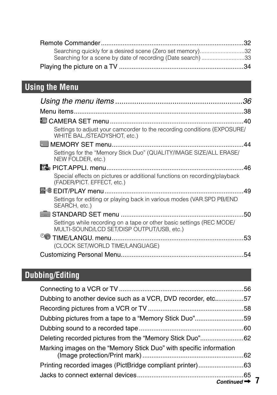 Using the menu, Dubbing/editing, Using the menu items | Sony DCR-PC55 User Manual | Page 7 / 115