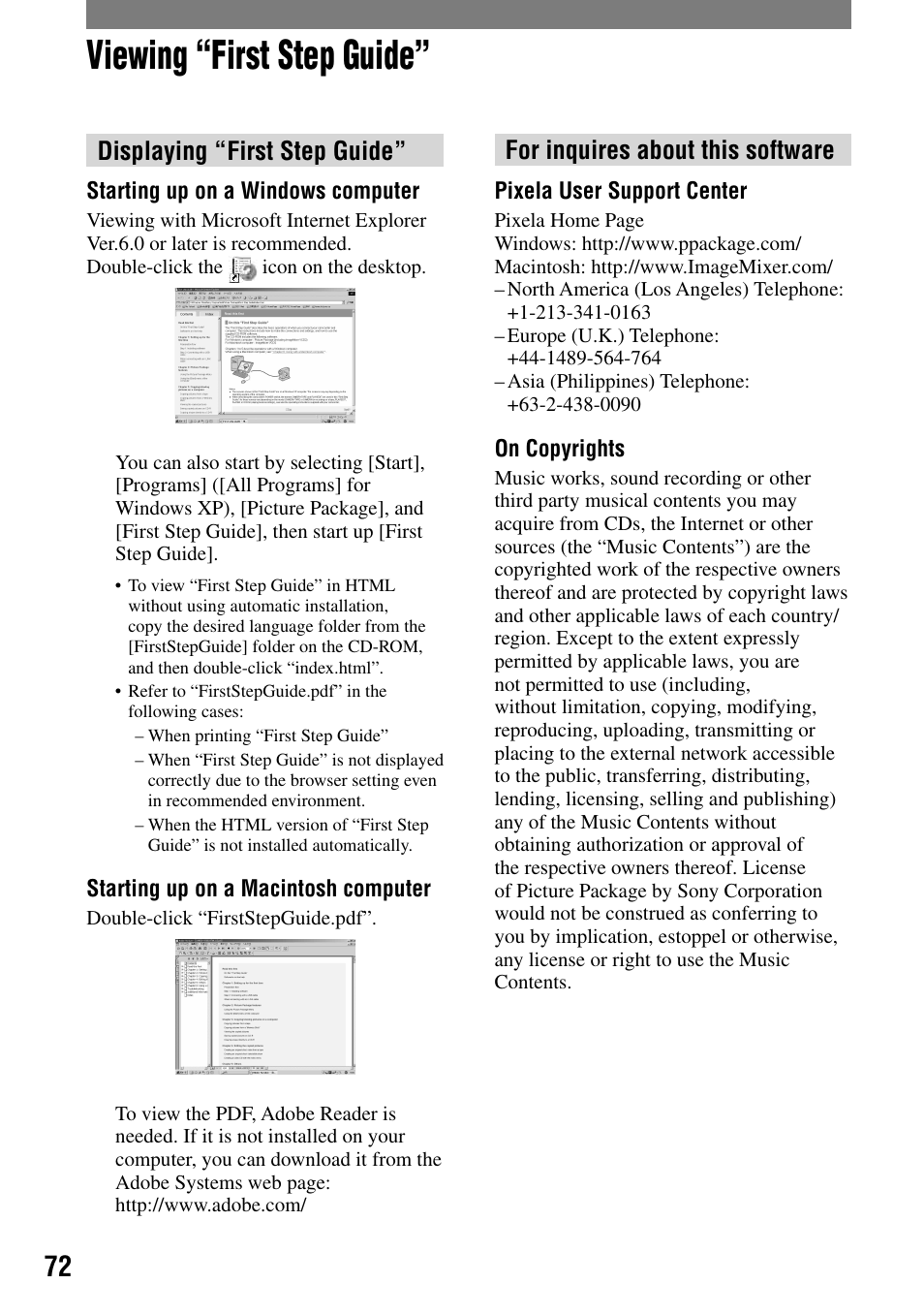 Viewing “first step guide, Displaying “first step guide, For inquires about this software | Sony DCR-PC55 User Manual | Page 72 / 115