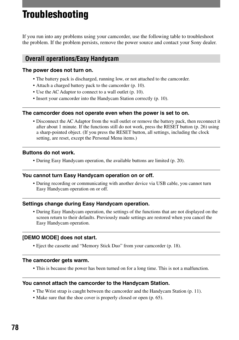 Troubleshooting, Overall operations/easy handycam | Sony DCR-PC55 User Manual | Page 78 / 115