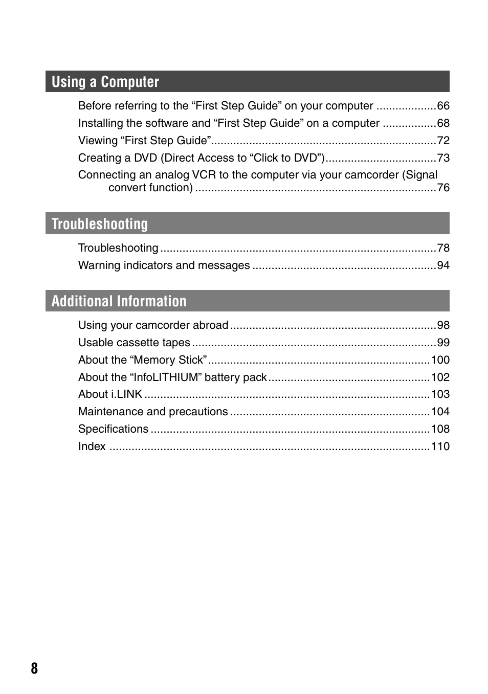 Sony DCR-PC55 User Manual | Page 8 / 115