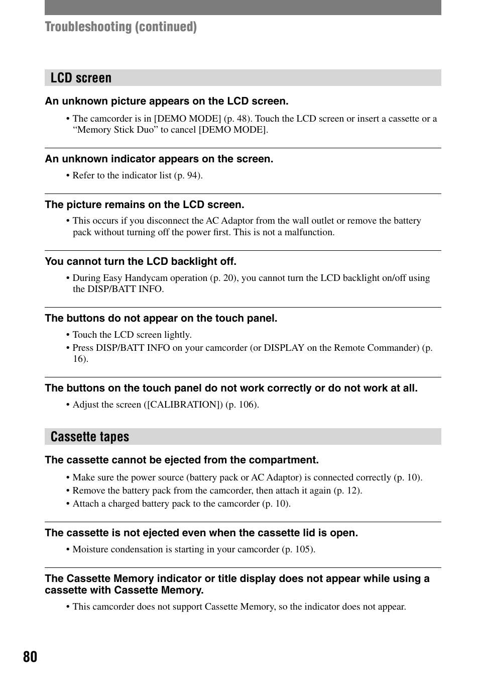 Lcd screen, Cassette tapes, Troubleshooting (continued) | Sony DCR-PC55 User Manual | Page 80 / 115