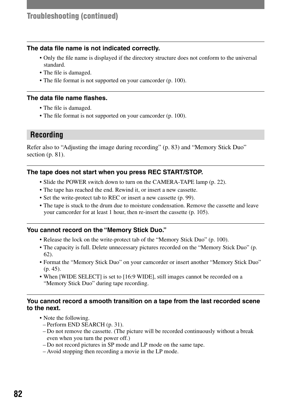 Recording, Troubleshooting (continued) | Sony DCR-PC55 User Manual | Page 82 / 115