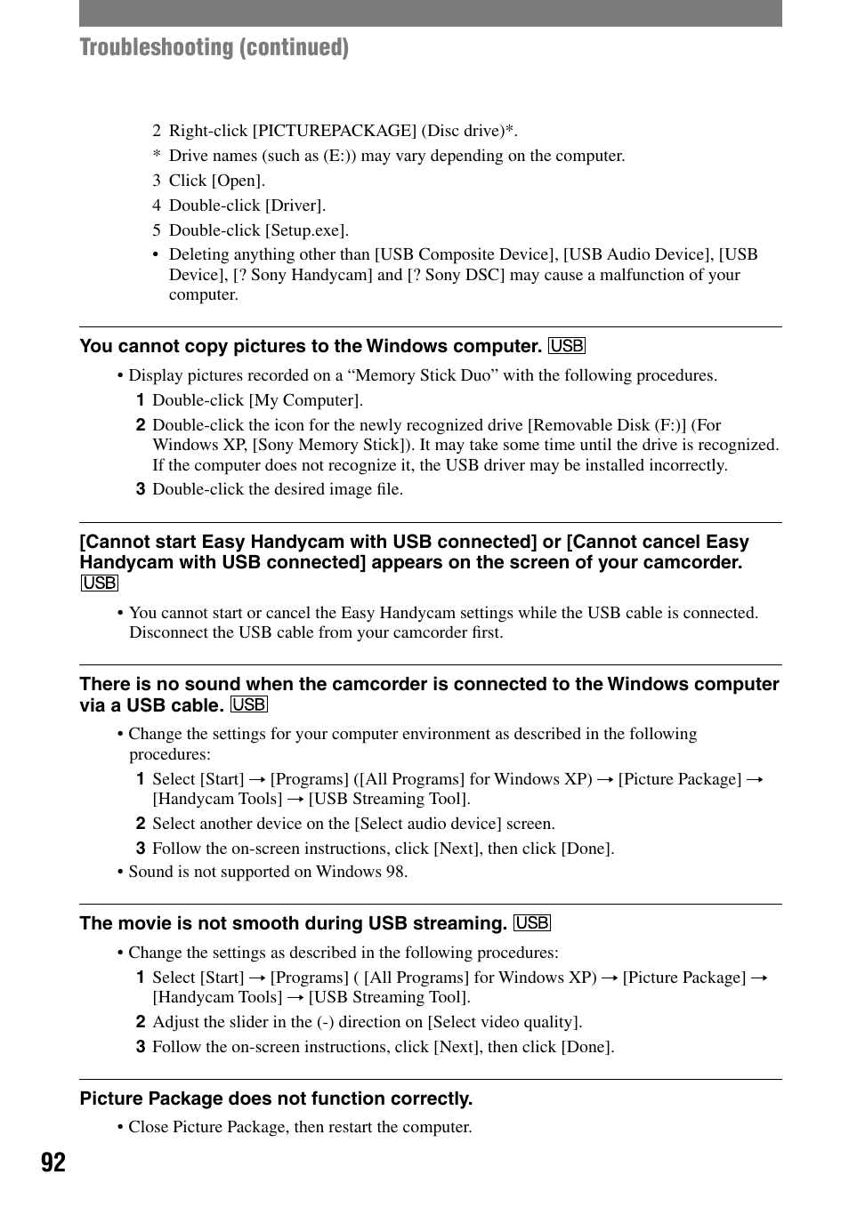 Troubleshooting (continued) | Sony DCR-PC55 User Manual | Page 92 / 115