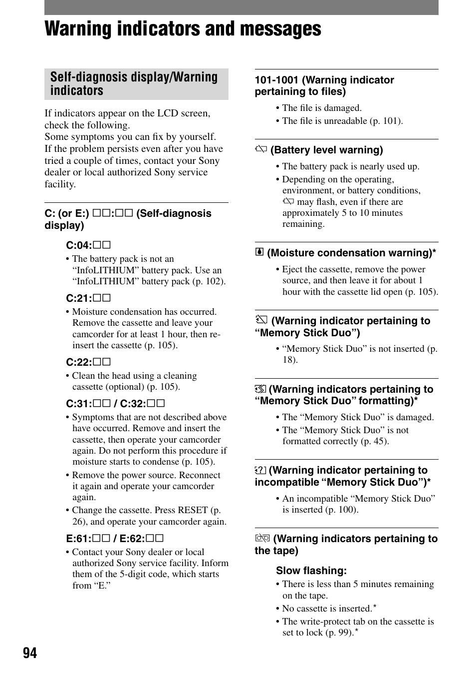 Warning indicators and messages, Self-diagnosis display/warning indicators | Sony DCR-PC55 User Manual | Page 94 / 115