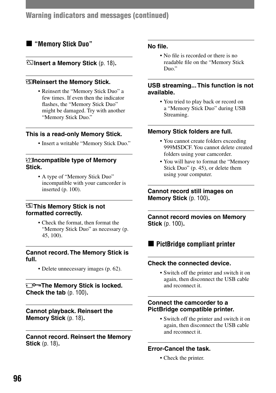 Warning indicators and messages (continued) | Sony DCR-PC55 User Manual | Page 96 / 115