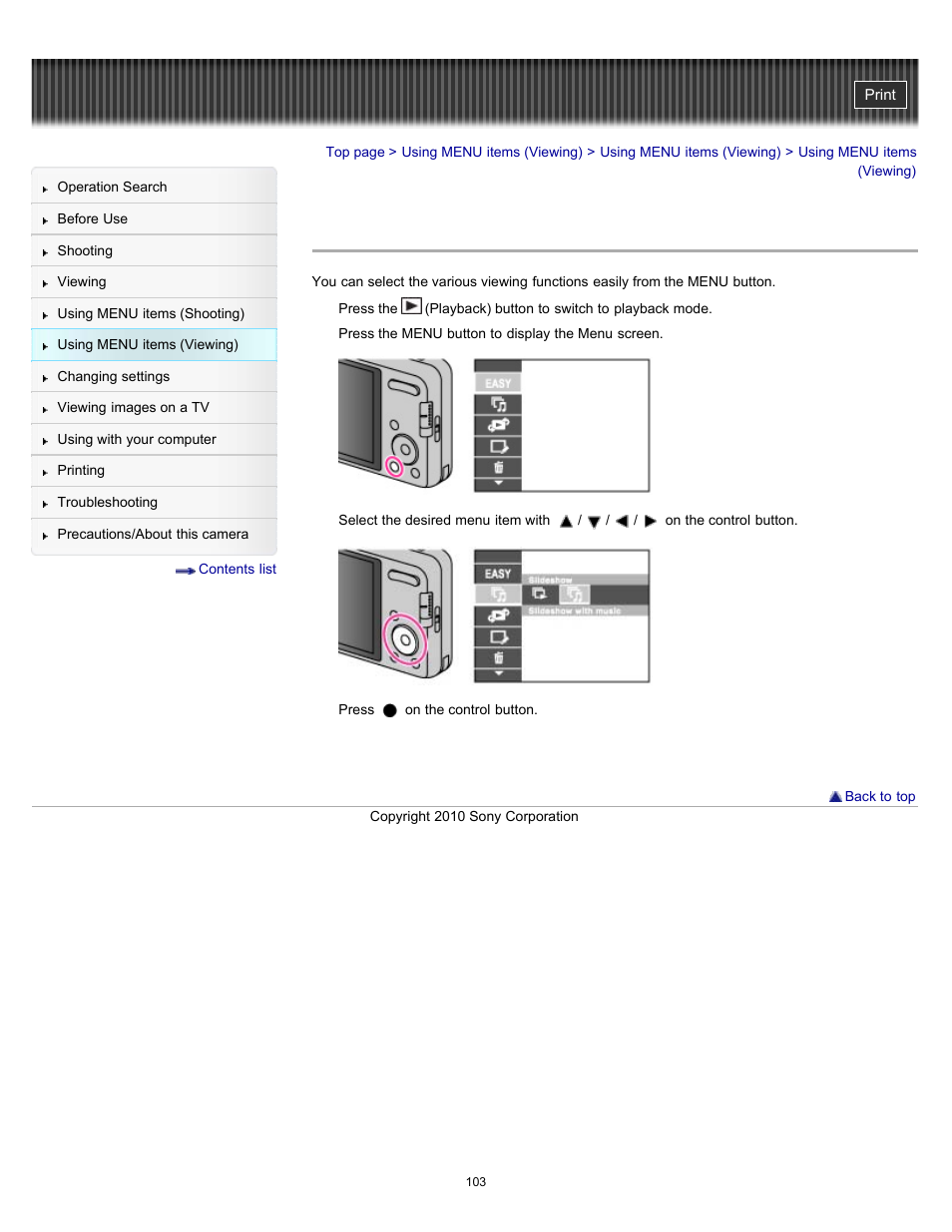 Using menu items (viewing) | Sony DSC-W570 User Manual | Page 103 / 212