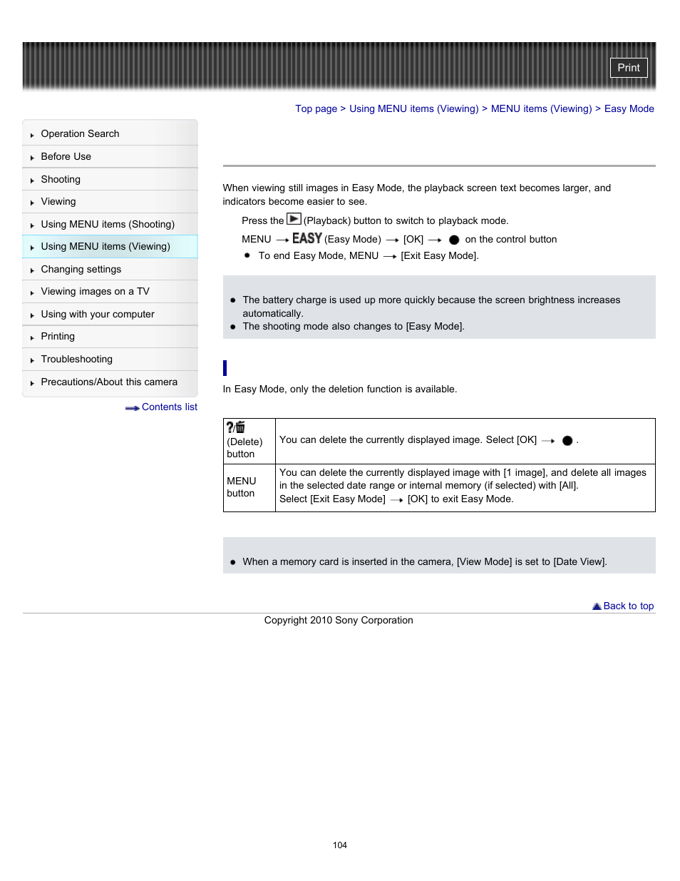 Easy mode | Sony DSC-W570 User Manual | Page 104 / 212