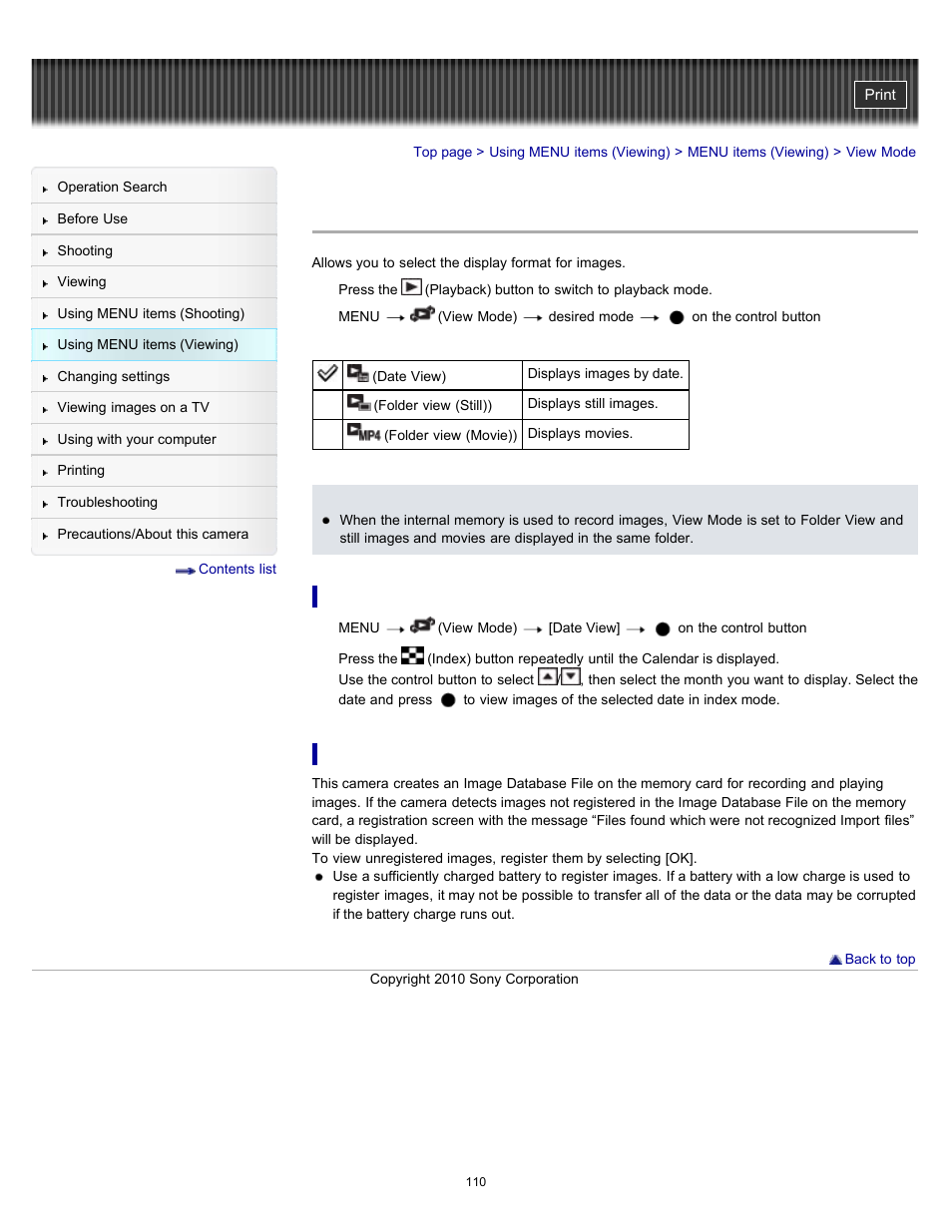 View mode | Sony DSC-W570 User Manual | Page 110 / 212