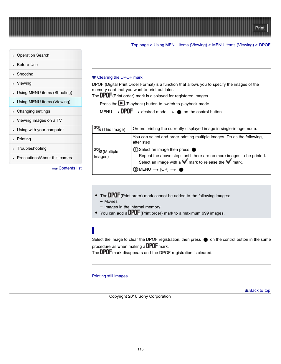 Dpof | Sony DSC-W570 User Manual | Page 115 / 212