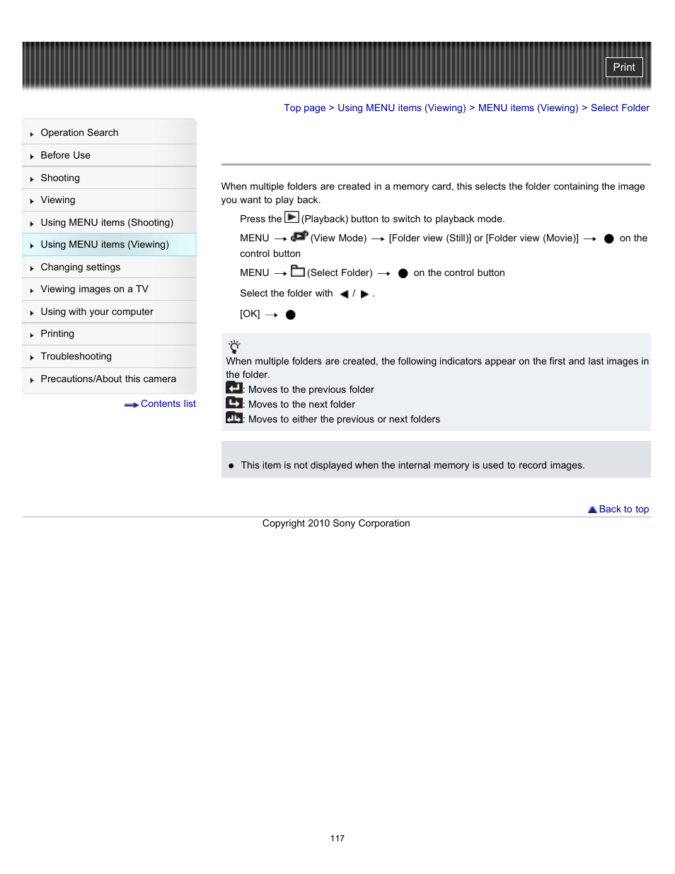 Select folder | Sony DSC-W570 User Manual | Page 117 / 212