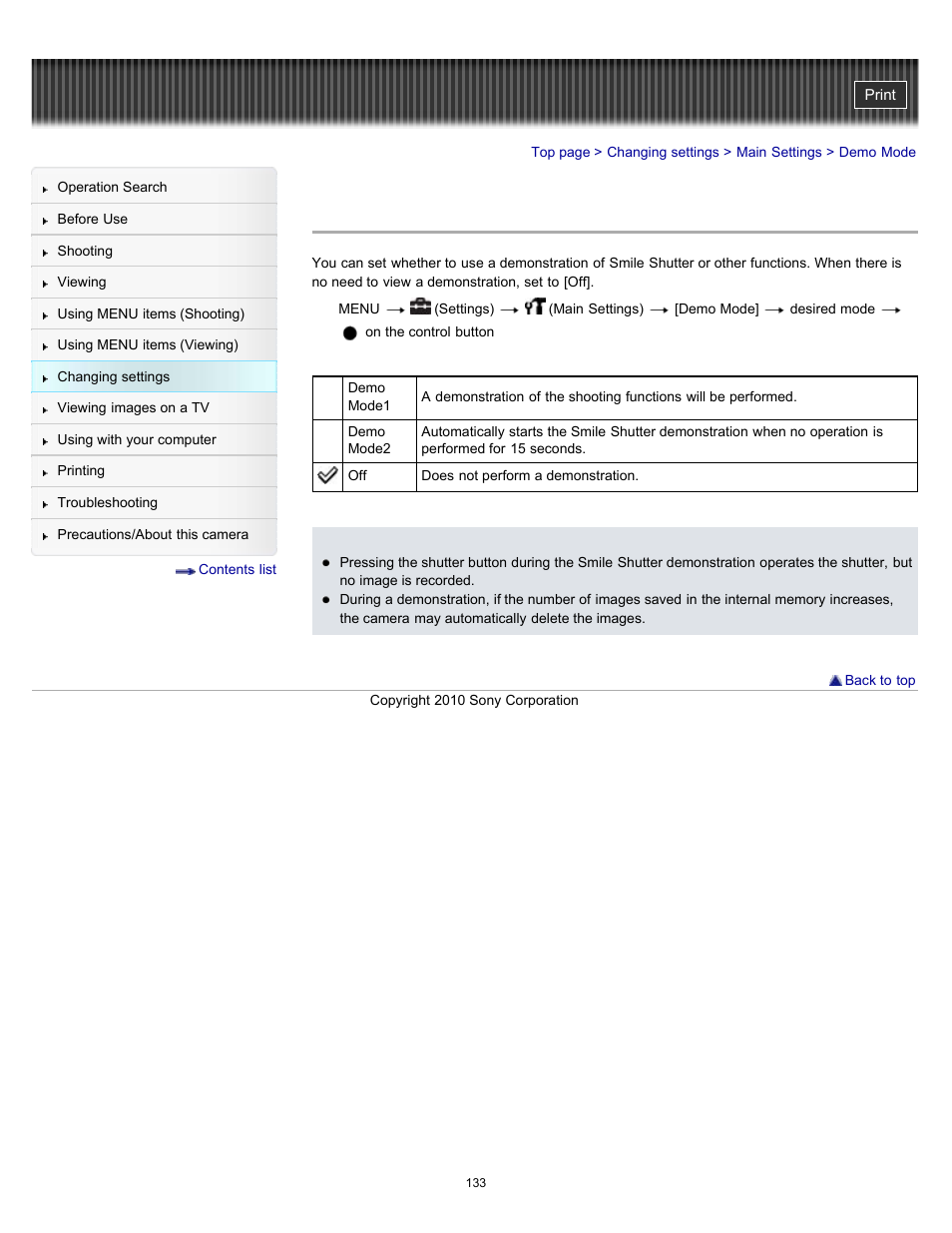 Demo mode | Sony DSC-W570 User Manual | Page 133 / 212