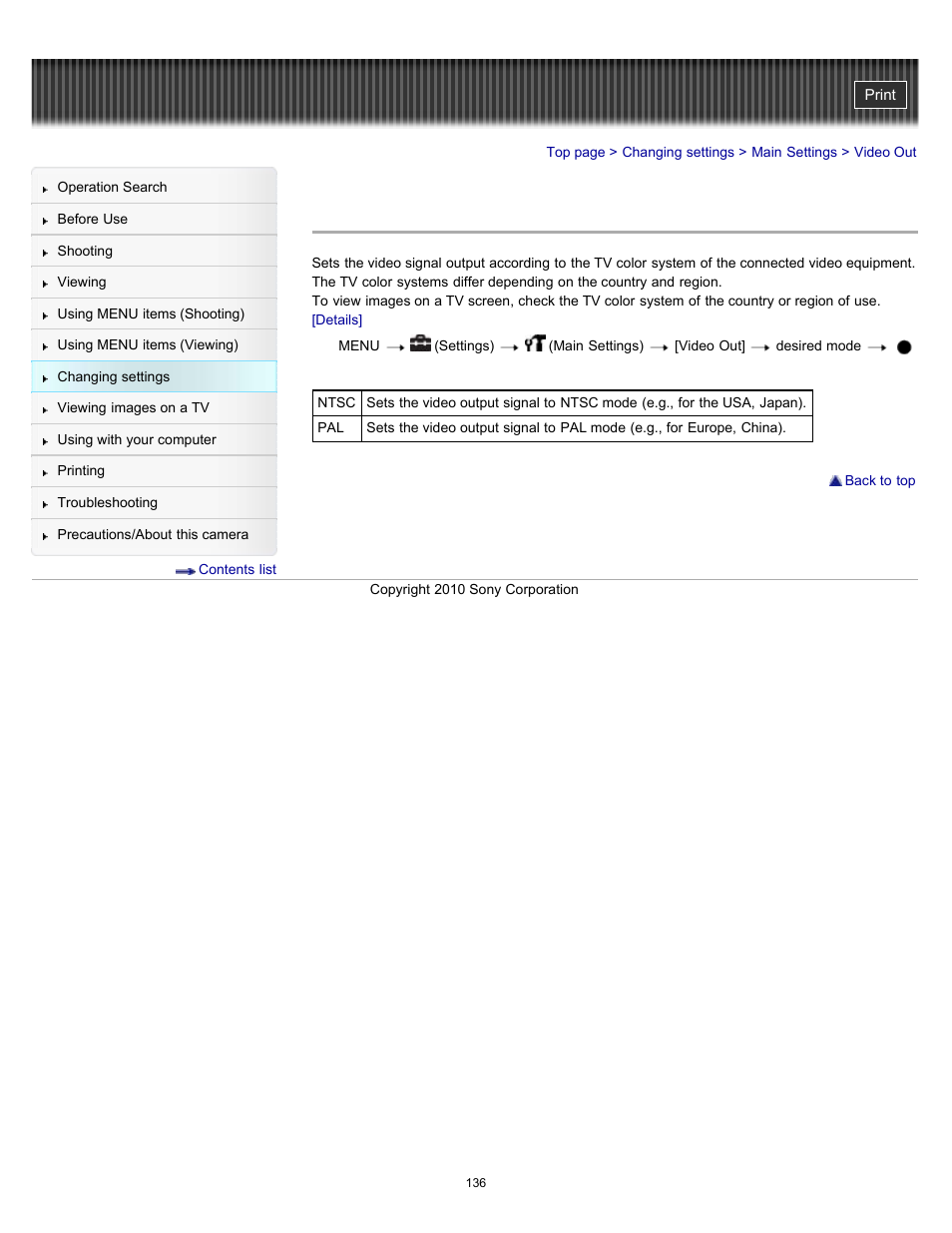 Video out | Sony DSC-W570 User Manual | Page 136 / 212
