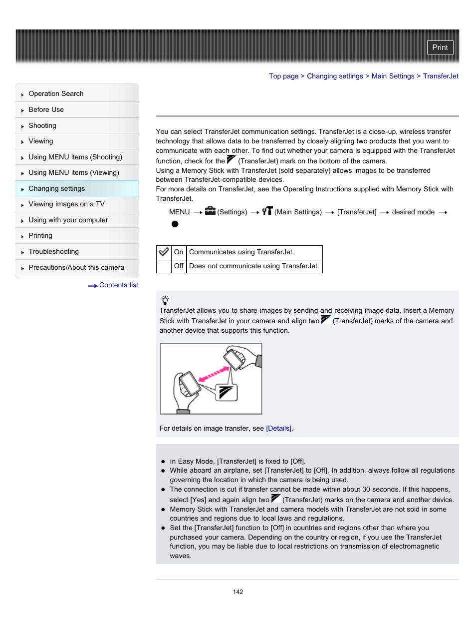 Transferjet, Details | Sony DSC-W570 User Manual | Page 142 / 212