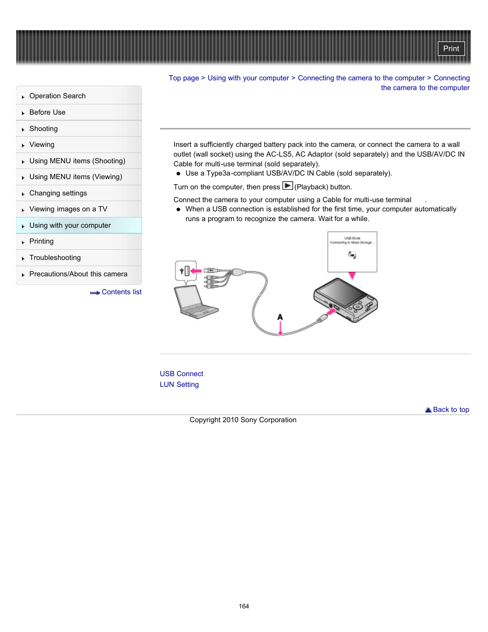 Connecting the camera to the computer | Sony DSC-W570 User Manual | Page 164 / 212