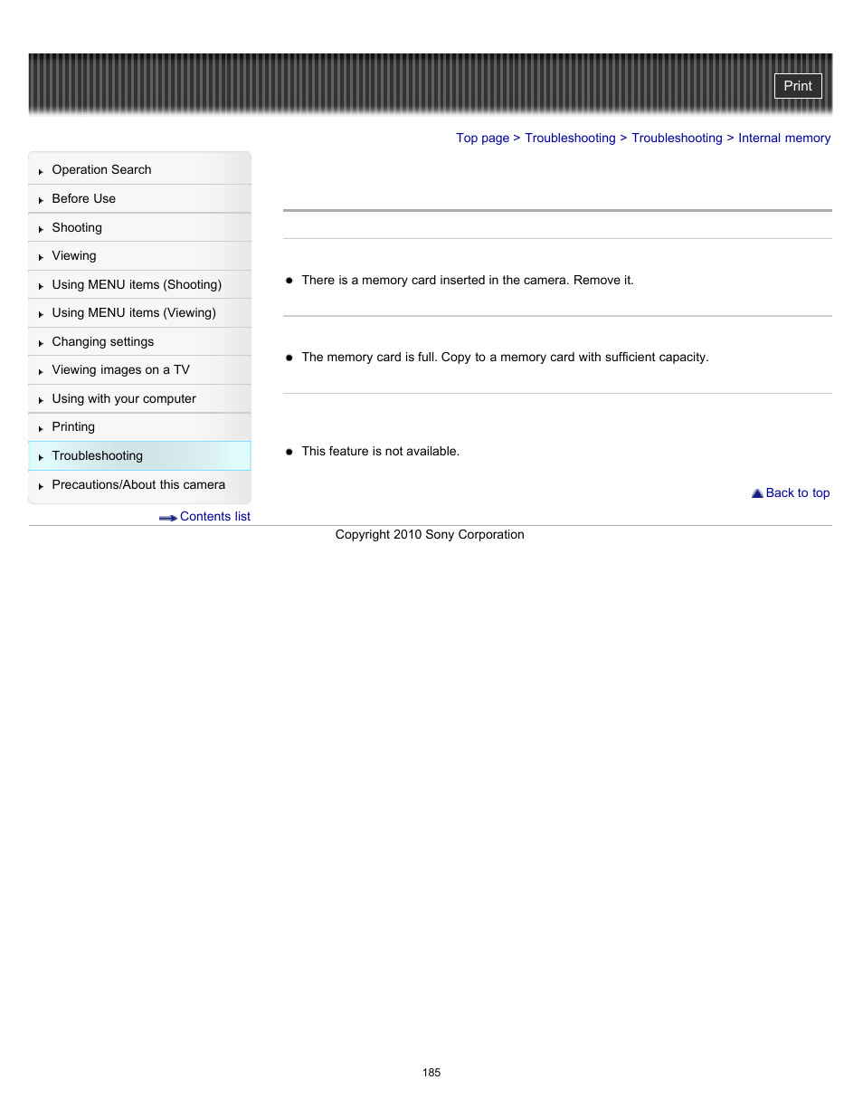 Internal memory | Sony DSC-W570 User Manual | Page 185 / 212