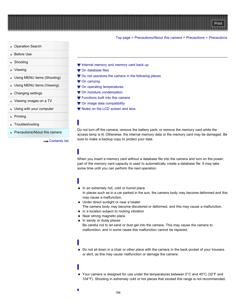 Precautions | Sony DSC-W570 User Manual | Page 194 / 212