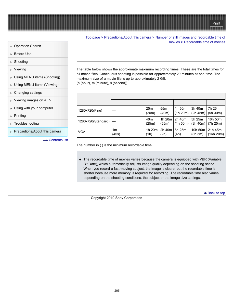 Recordable time of movies | Sony DSC-W570 User Manual | Page 205 / 212