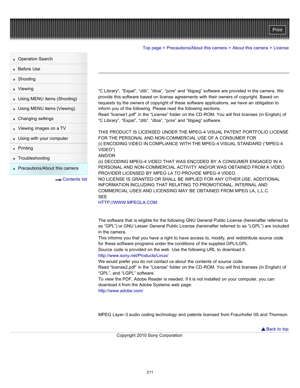 License | Sony DSC-W570 User Manual | Page 211 / 212