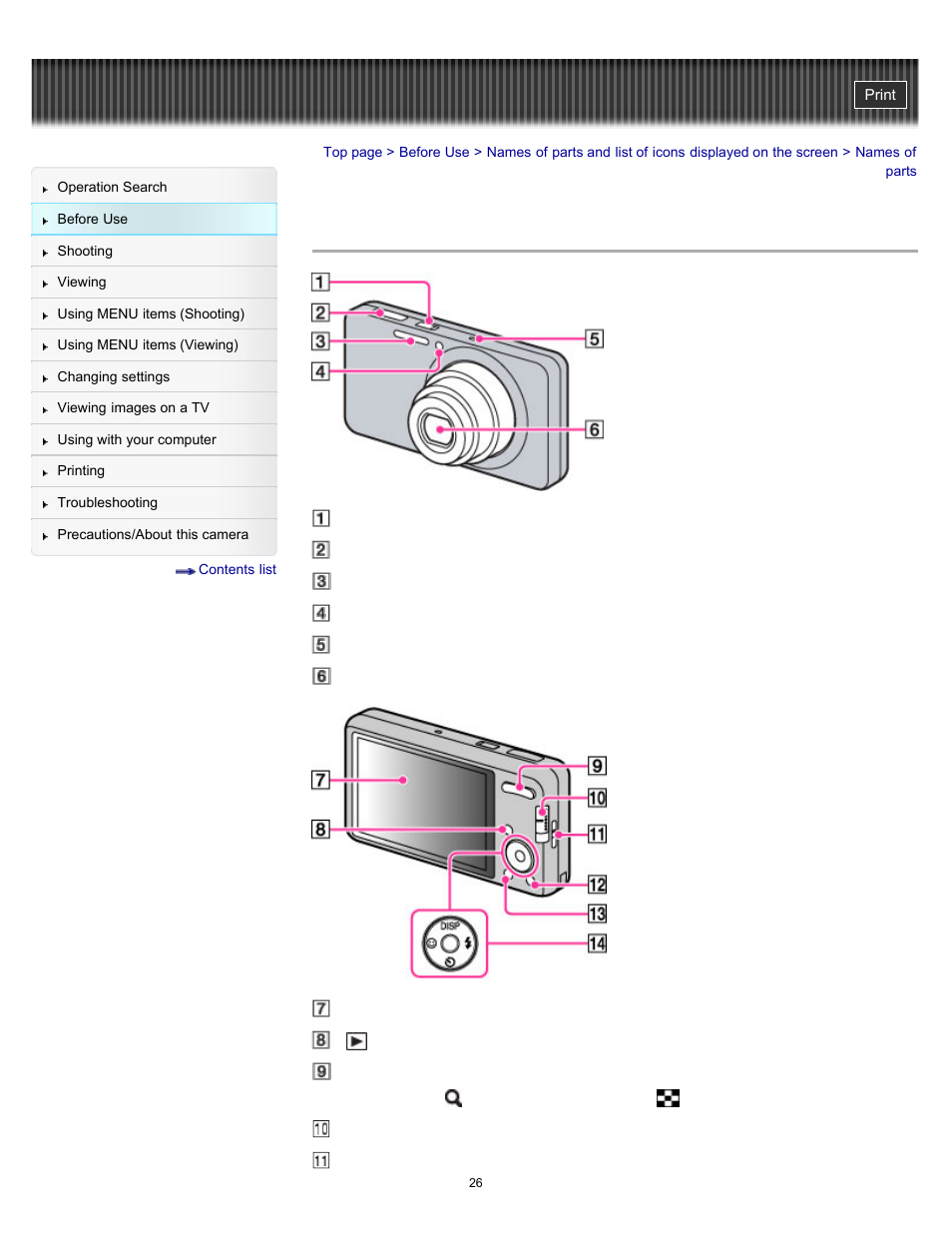 Names of parts | Sony DSC-W570 User Manual | Page 26 / 212