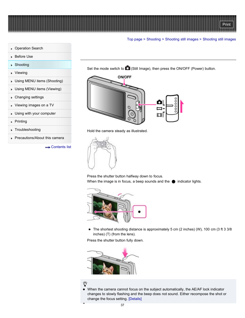 Shooting still images | Sony DSC-W570 User Manual | Page 37 / 212