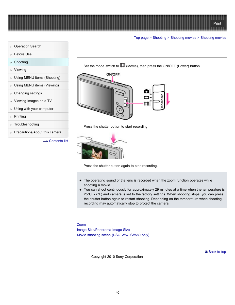 Shooting movies | Sony DSC-W570 User Manual | Page 40 / 212