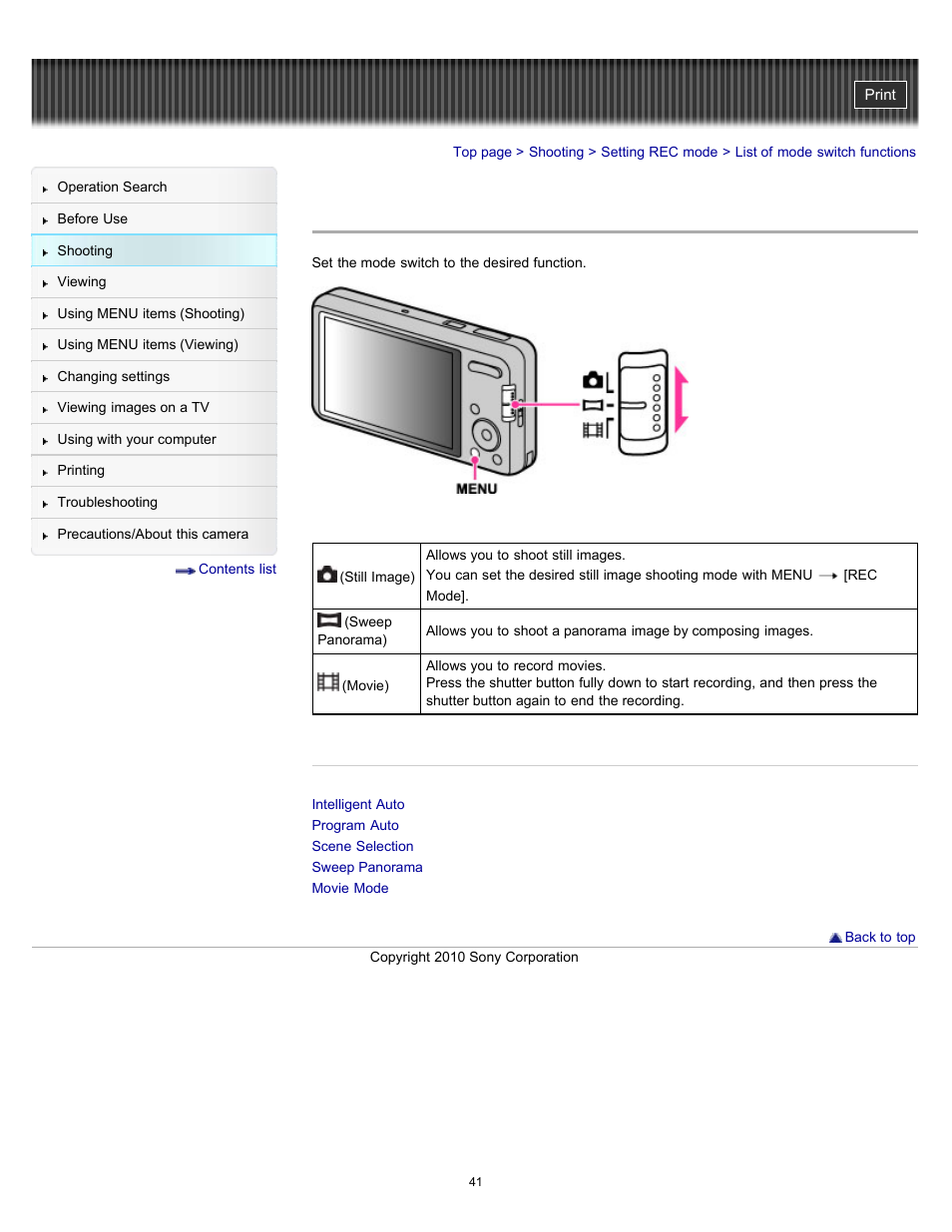 List of mode switch functions | Sony DSC-W570 User Manual | Page 41 / 212