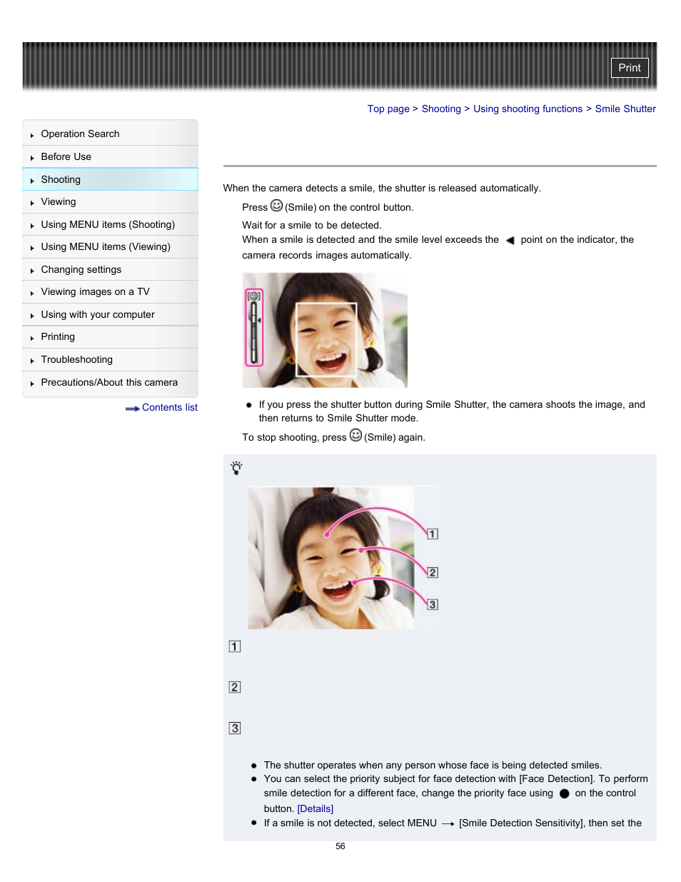 Smile shutter | Sony DSC-W570 User Manual | Page 56 / 212