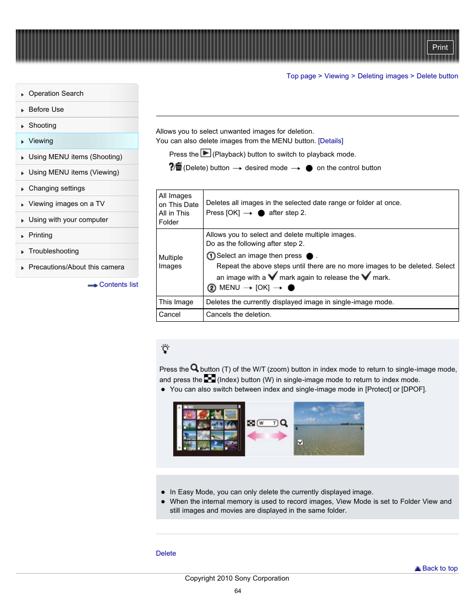 Delete button | Sony DSC-W570 User Manual | Page 64 / 212