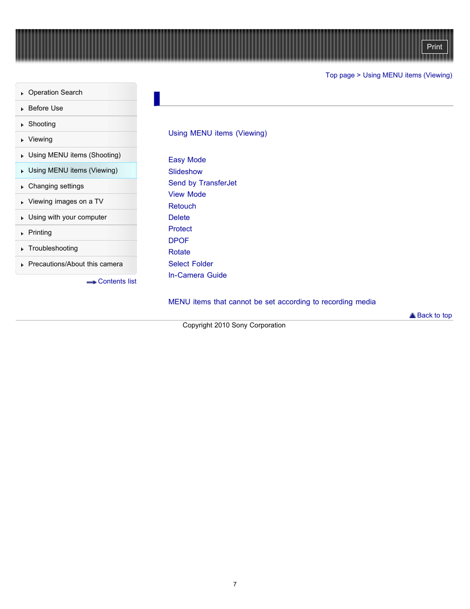 Using menu items (viewing) | Sony DSC-W570 User Manual | Page 7 / 212