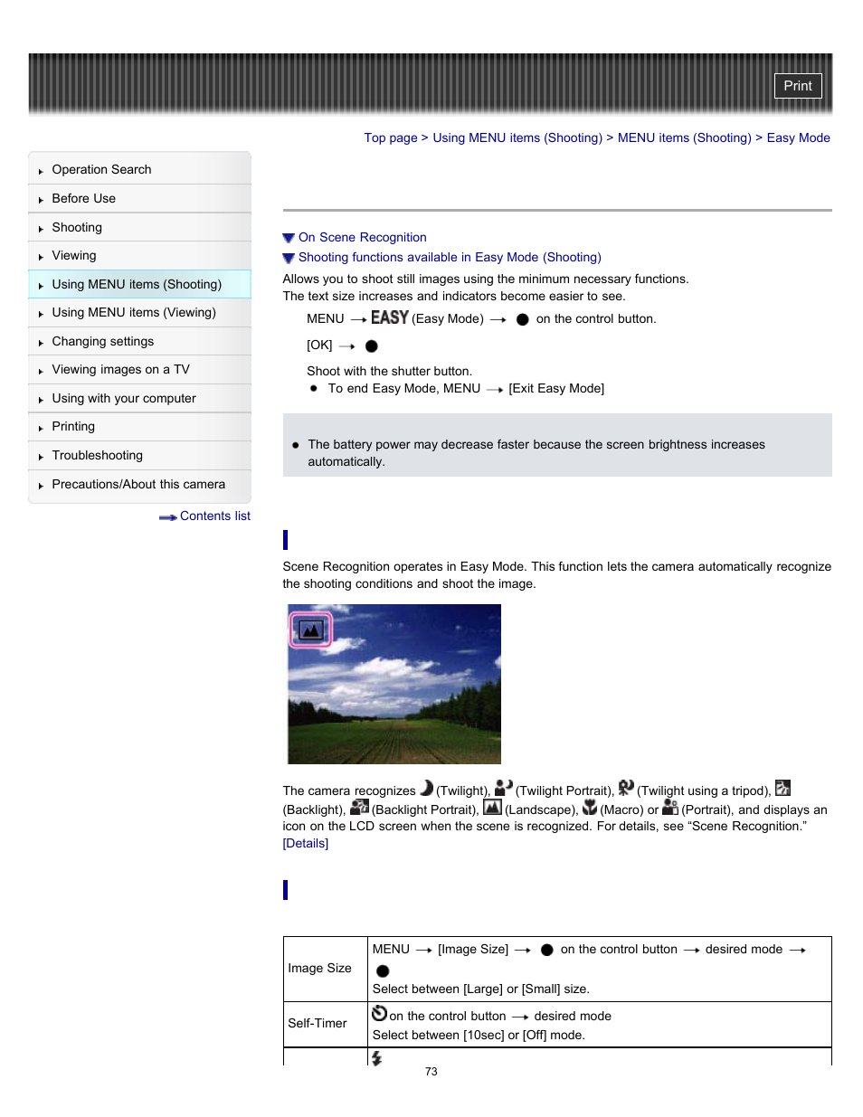 Easy mode | Sony DSC-W570 User Manual | Page 73 / 212