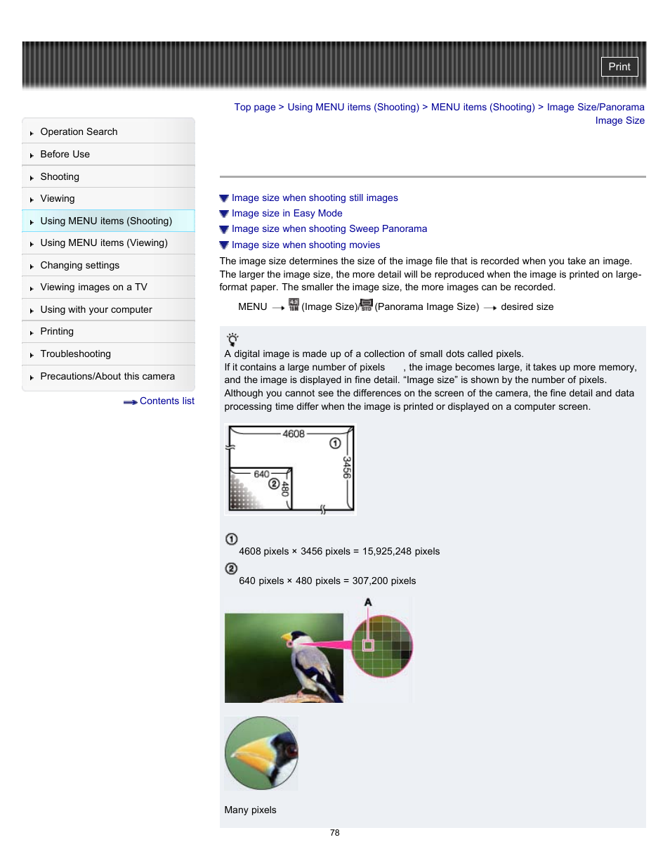 Image size/panorama image size | Sony DSC-W570 User Manual | Page 78 / 212