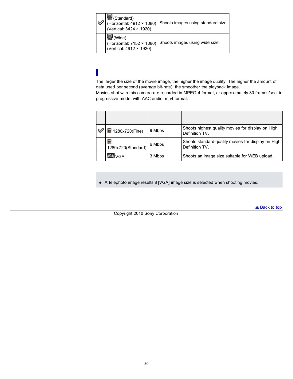 Image size when shooting movies | Sony DSC-W570 User Manual | Page 80 / 212