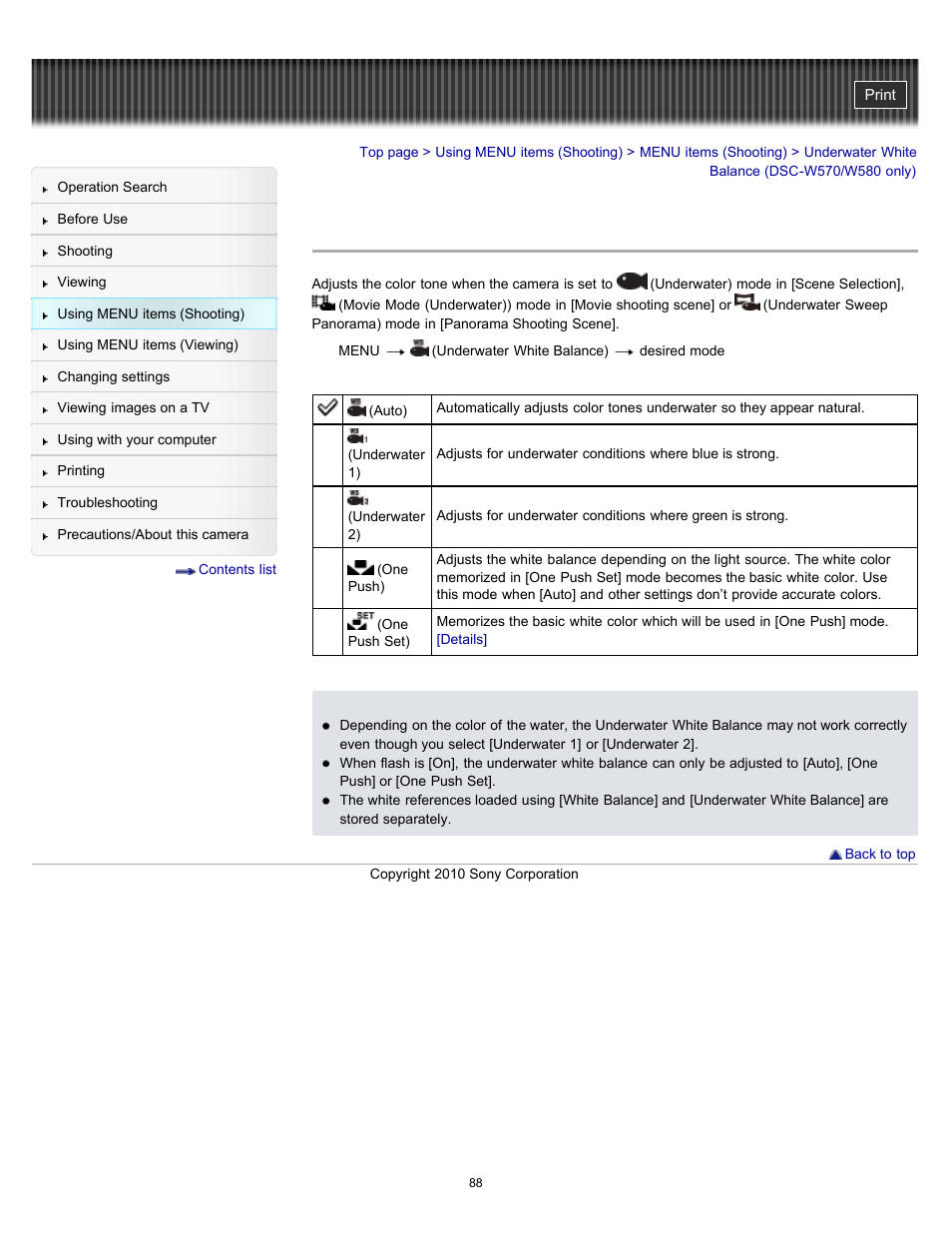 Underwater white balance (dsc-w570/w580 only) | Sony DSC-W570 User Manual | Page 88 / 212