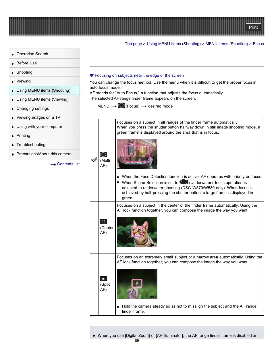 Focus, Details | Sony DSC-W570 User Manual | Page 89 / 212