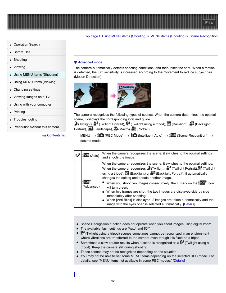 Scene recognition, Details | Sony DSC-W570 User Manual | Page 92 / 212