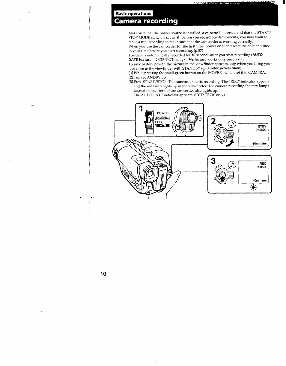 Basic operations, Camera recording | Sony CCD-TR910 User Manual | Page 10 / 80