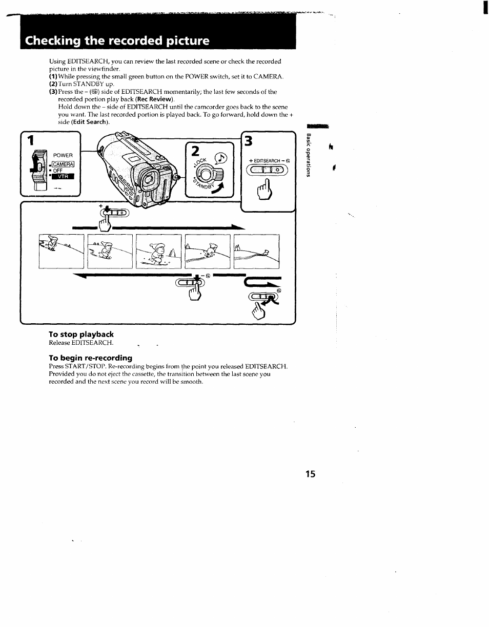To stop playback, To begin re-recording, Checking the recorded picture | Sony CCD-TR910 User Manual | Page 15 / 80