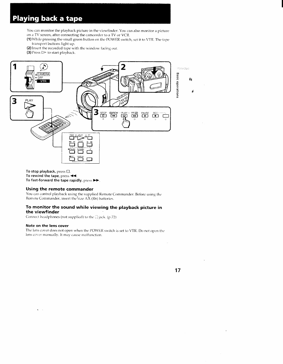 Note on the lens cover, Playing back a tape | Sony CCD-TR910 User Manual | Page 17 / 80