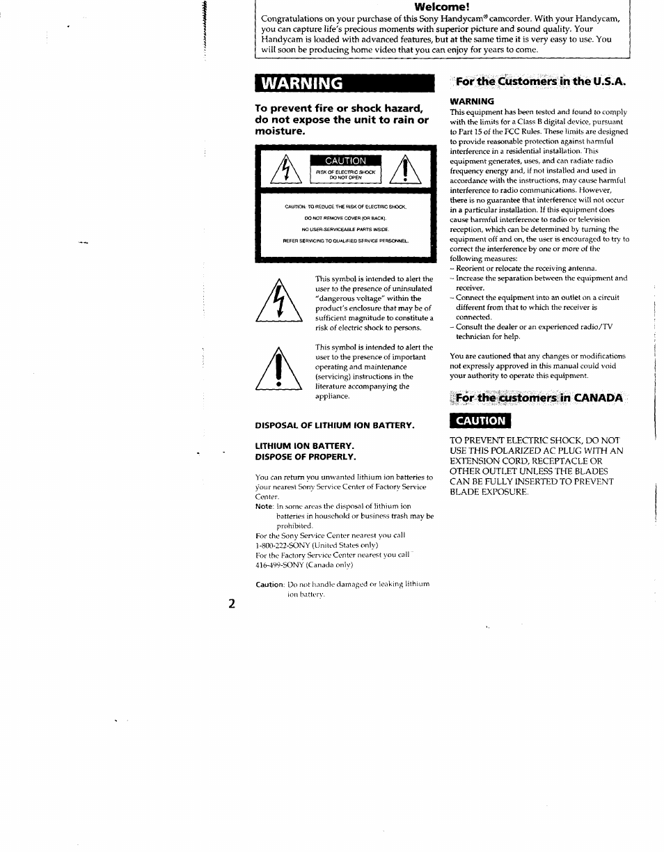 Welcome, For the customers in the u.s.a, Warning | For the customers in canadá, Disposal of lithium ion battery, Lithium ion battery, Dispose of properly, Caution | Sony CCD-TR910 User Manual | Page 2 / 80