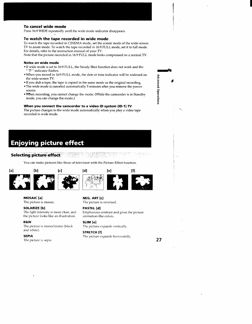 To cancel wide mode, To watch the tape recorded in wide mode, Selecting picture effect | Mosaic [a, Solarize [b, Sepia, Nec. art [c, Pastel [d, Slim [e, Stretch [f | Sony CCD-TR910 User Manual | Page 27 / 80