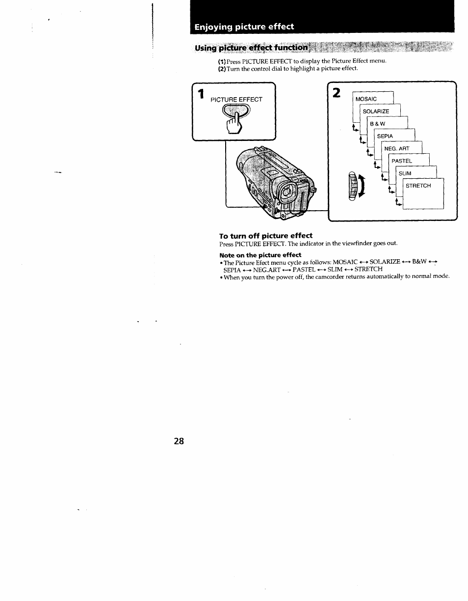 Using picture effect function, To turn off picture effect | Sony CCD-TR910 User Manual | Page 28 / 80
