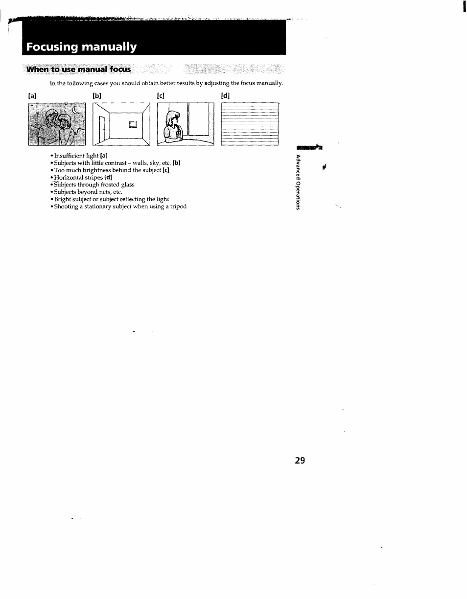 When to use manual focus, Focusing manually | Sony CCD-TR910 User Manual | Page 29 / 80