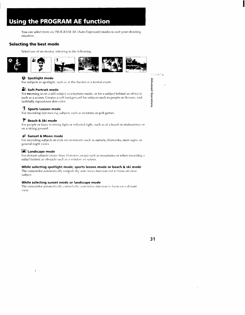 Selecting the best mode, Spotlight mode, Soft portrait mode | Sports lesson mode, 7^ beach & ski mode, Sunset & moon mode, Si landscape mode, While selecting sunset mode or landscape mode, Selecting the start/stop mode, Using the program ae function | Sony CCD-TR910 User Manual | Page 31 / 80